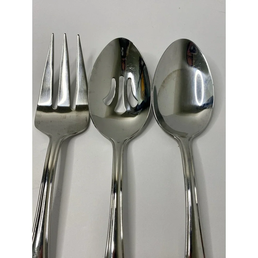 Reed & Barton Ribbon Crest Glossy Stainless Serving Spoons & Meat Fork